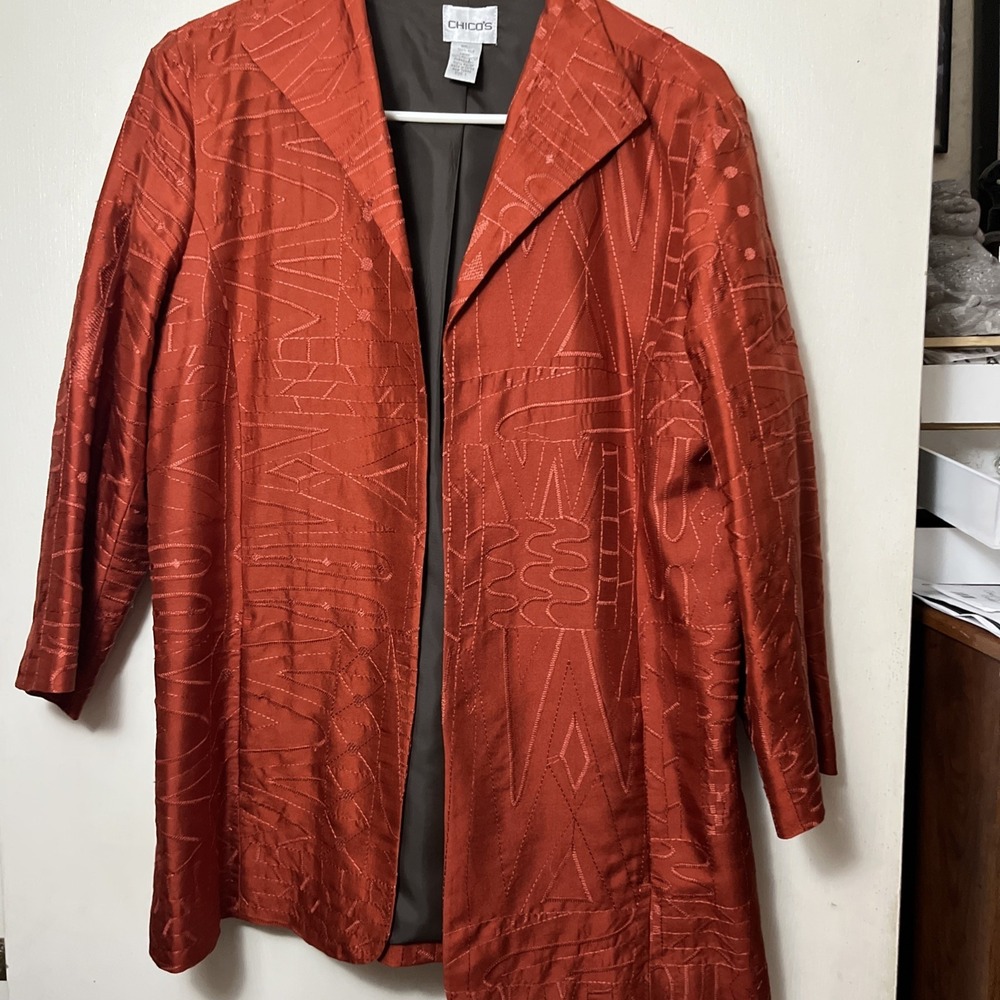 Chico's Women's Santa Fe  Red Metallic Jacket Open Front Pockets Sz 2 (US 12/14)